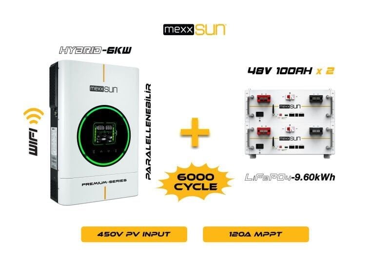 Mexxsun 6KW Inverter + 2x48V 100Ah Lityum Akü Off-Grid Hibrit Paketi