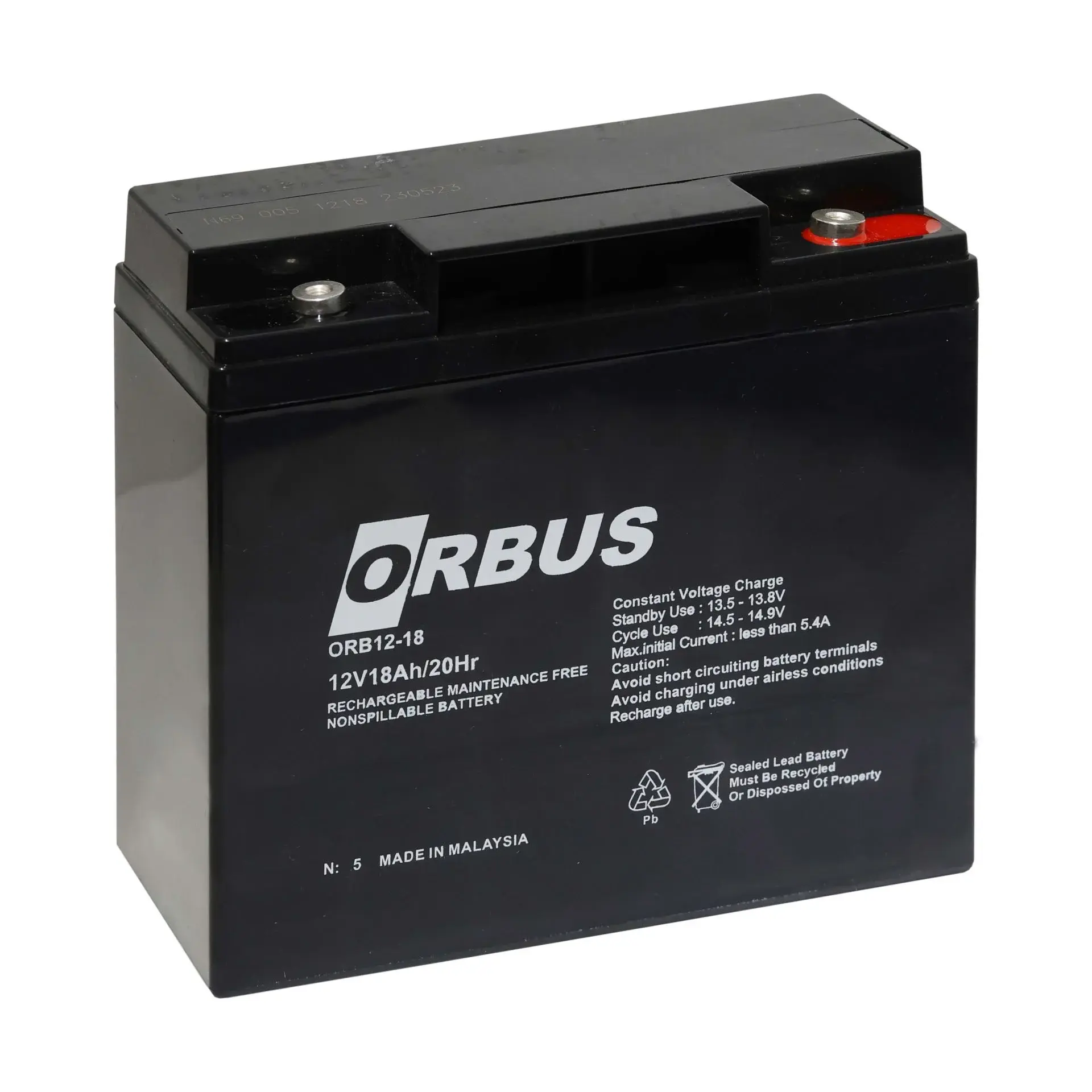 Orbus 12V 18Ah Kuru Akü | Bakım Gerektirmez | Kompakt ve Uzun Ömürlü | 180x76x167 mm