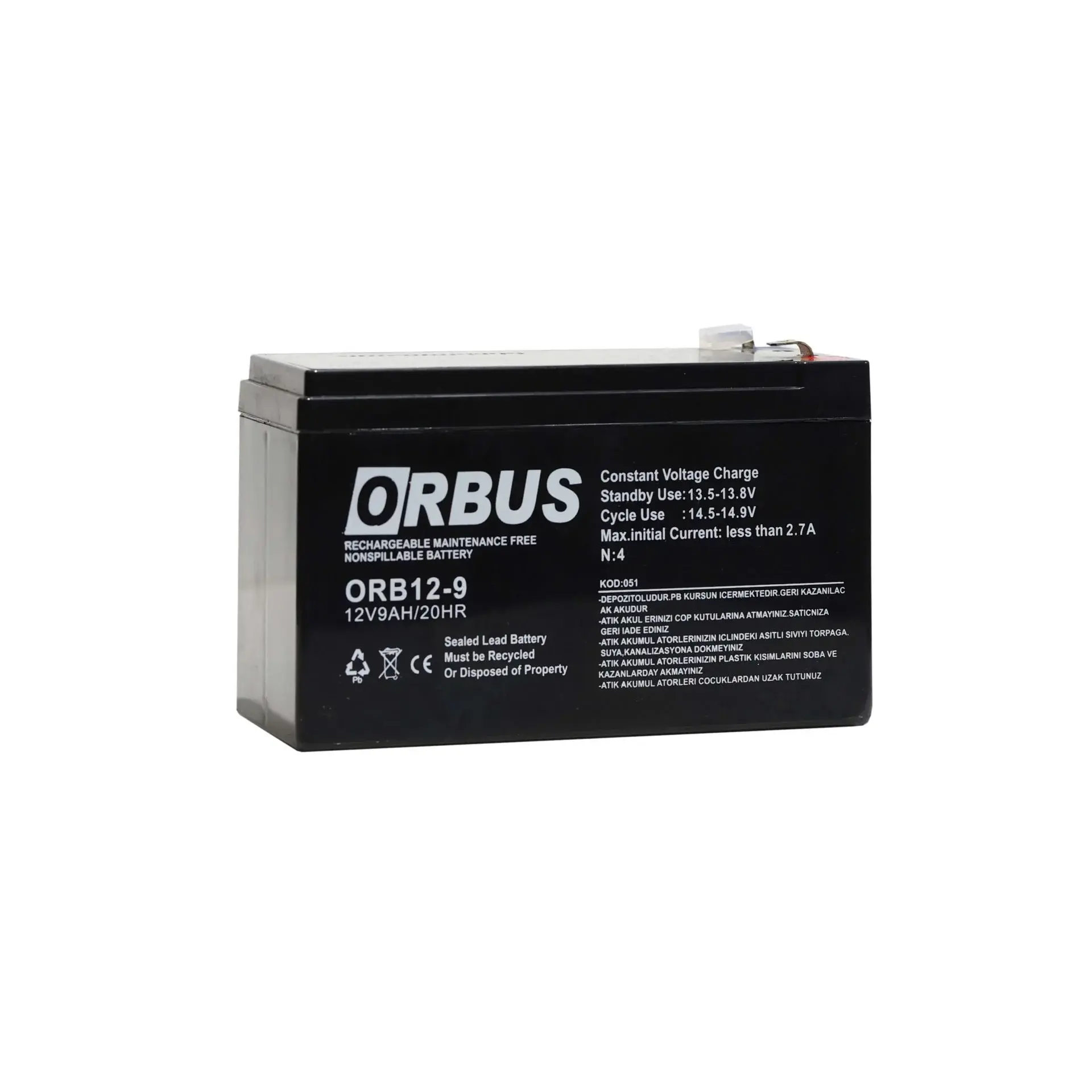 Orbus 12V 9Ah Kuru Akü | Bakım Gerektirmez | Kompakt & Güvenli | 150x65x90 mm